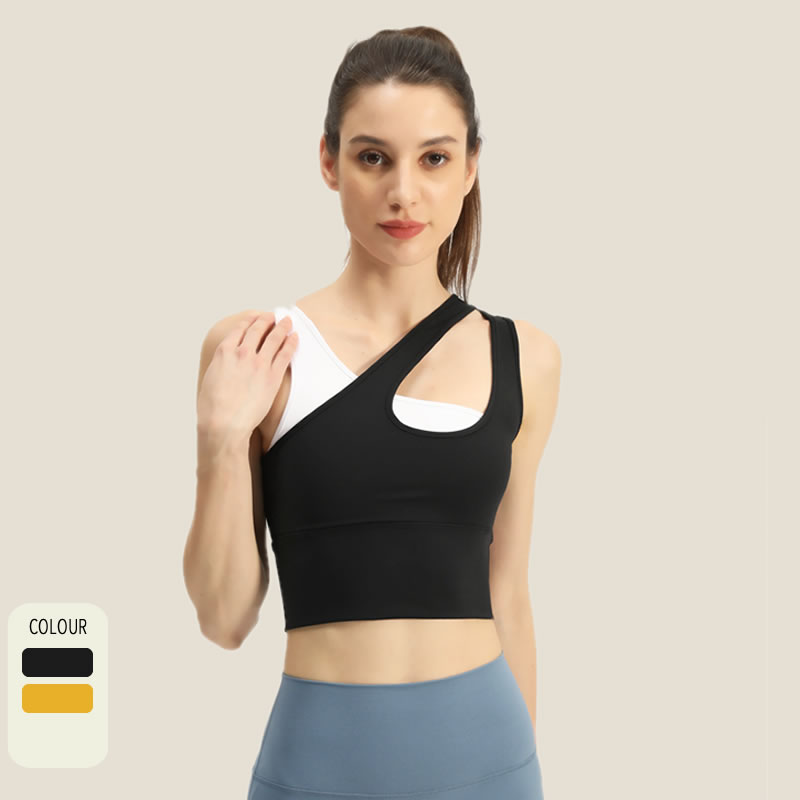 One Shoulder Sports Bra Removable Padded Yoga Top Post-Surgery Wirefree  Sexy Cute Medium Support-Zh